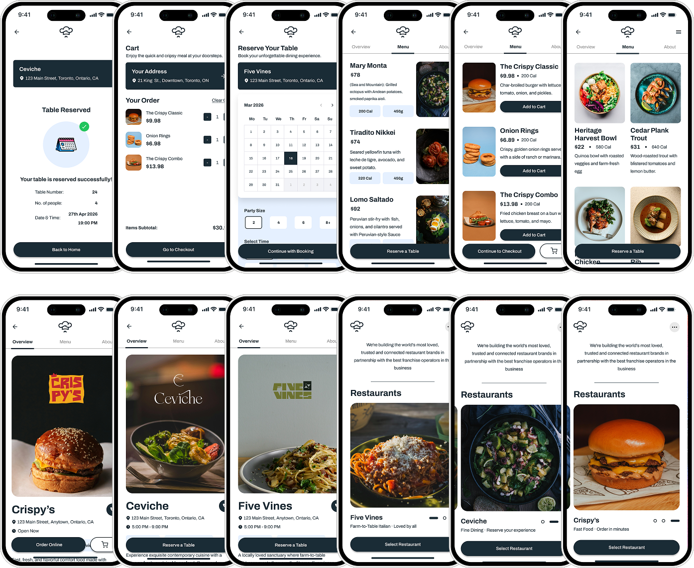 Full collection of final high-fidelity app screens for all three restaurant brands