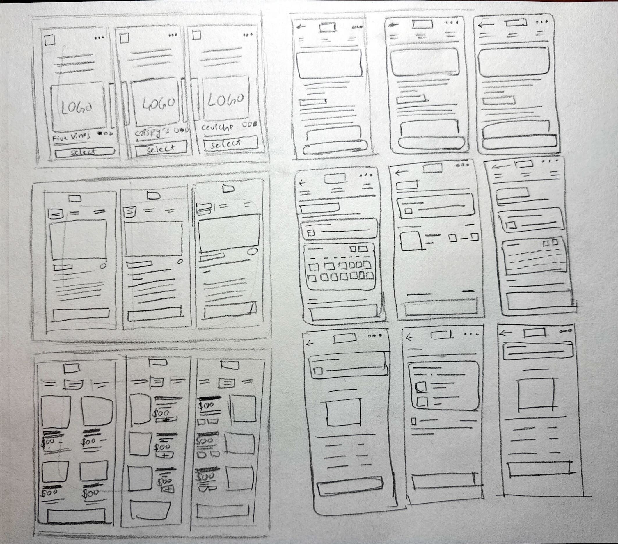Early wireframe sketches for the app structure and navigation
